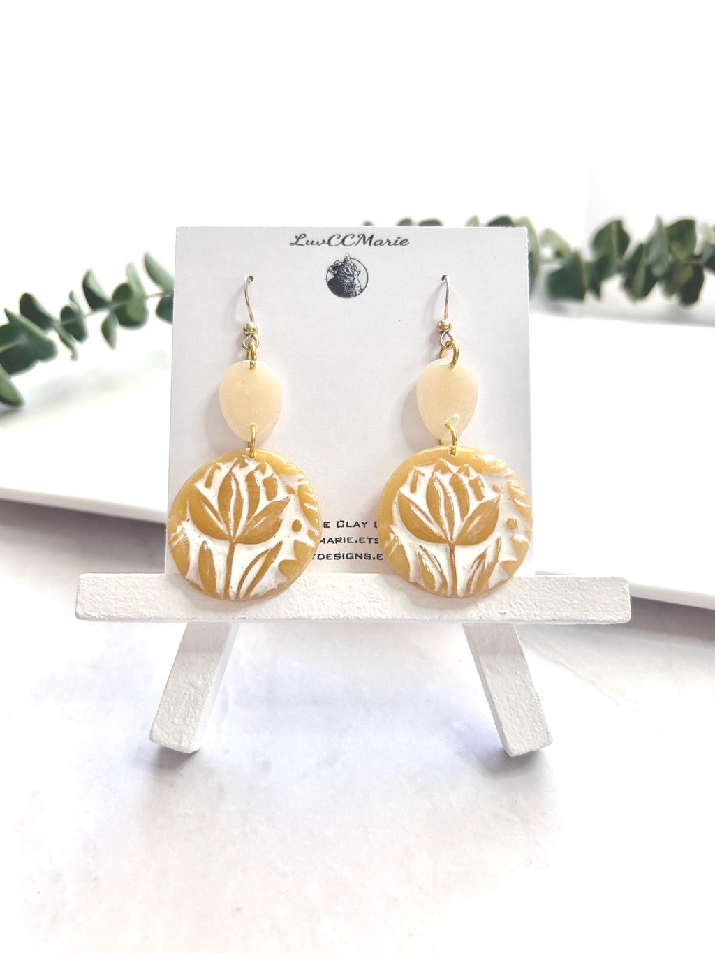 Tulip Earrings, Nude and White, Spring Floral Flower Dangles