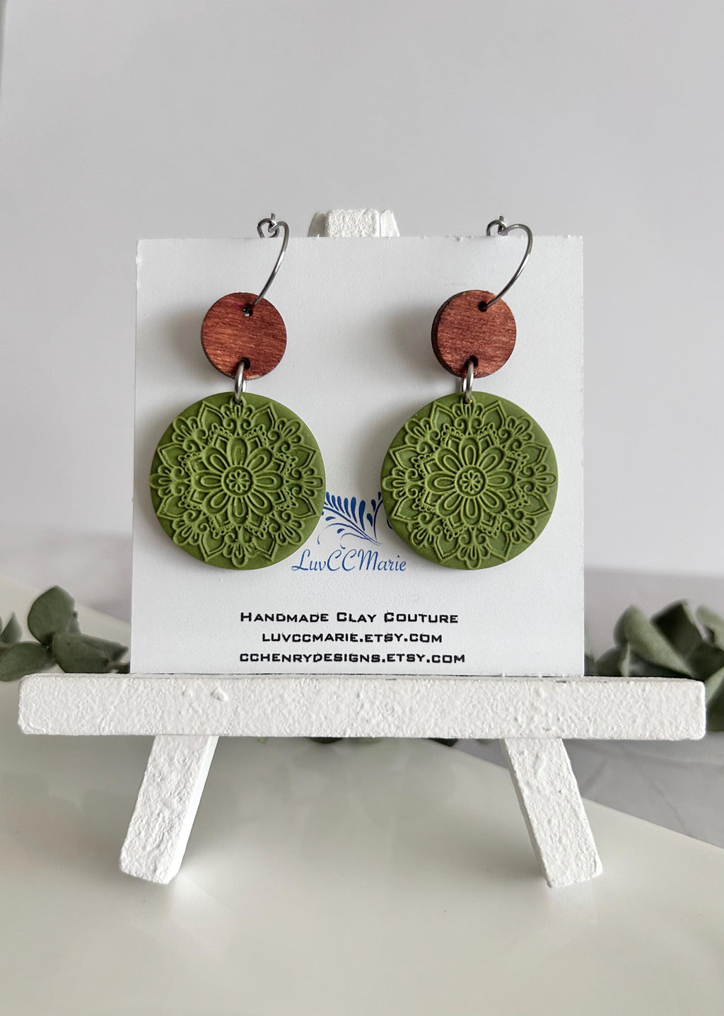 Boho Clay and Wood Stud Earrings: Blue Mandala Circle Dangles