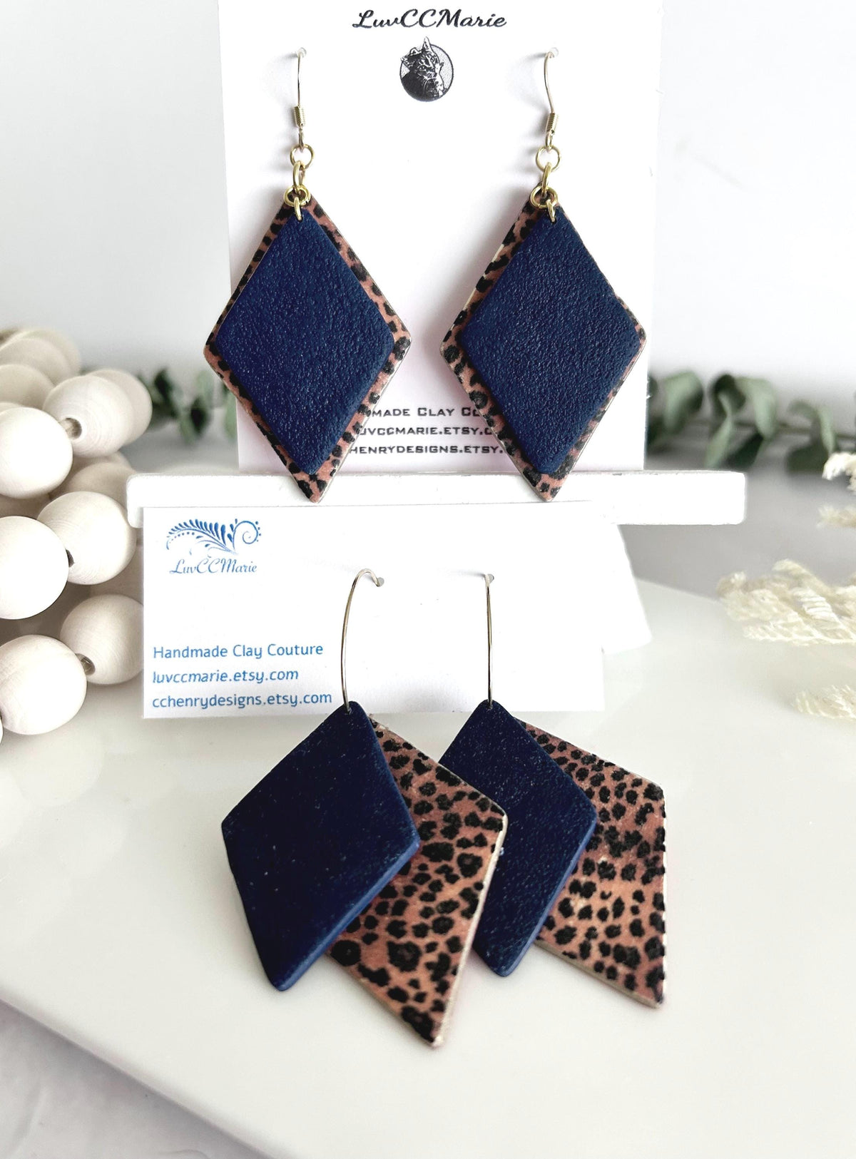 Navy Blue Leopard Print Hoop Earrings, Clay Dangles, Handmade Hypoallergenic Surgical Stainless Steel