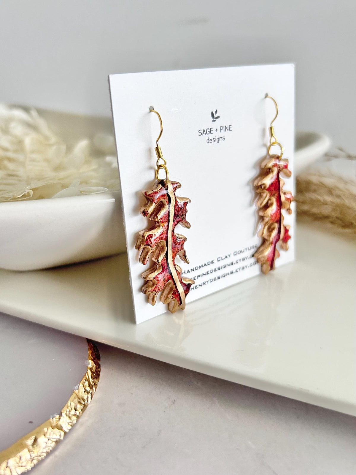 Fall Leaf Clay Earrings, Red and Gold Autumn Dangles, Boho Hypoallergenic Lightweight Jewelry