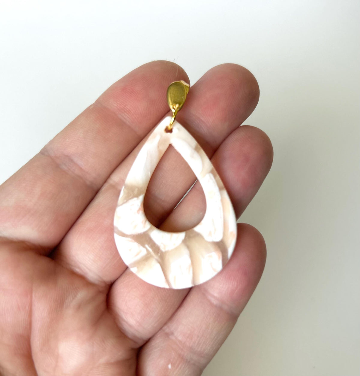 Abstract Teardrop Hoop Earrings, Peach and White Clay Earrings, Handmade Boho Fashion Jewelry