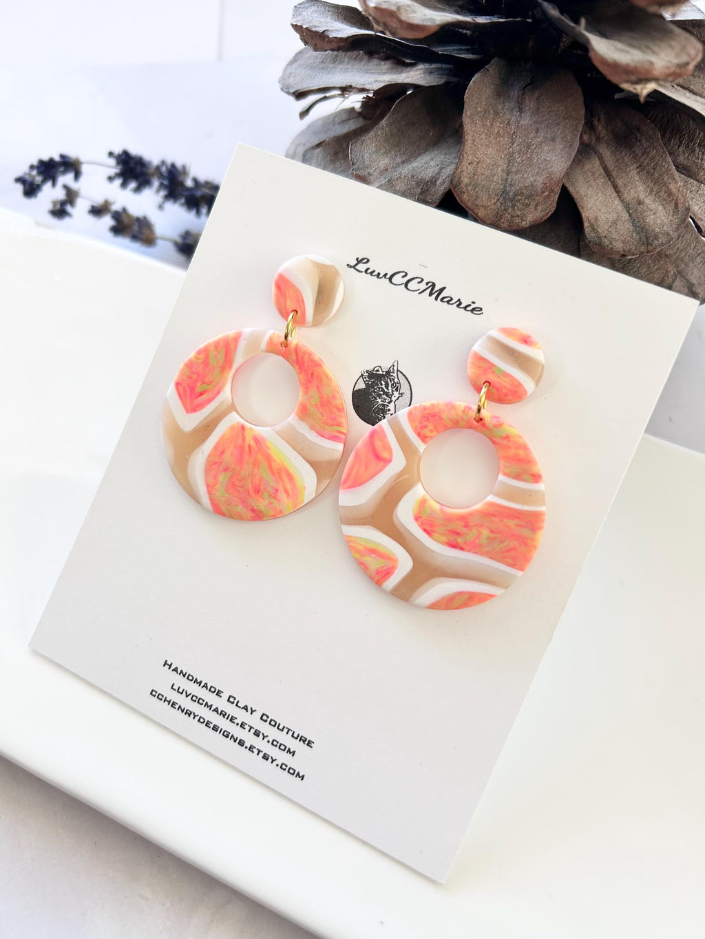 Coral Tortoiseshell Clay Hoop Earrings: Retro Boho Dangles