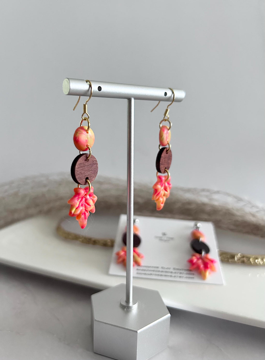Fall Leaf Clay Earrings, Wood Bead Maple Dangles, Bright Neon Boho Hypoallergenic Lightweight Jewelry