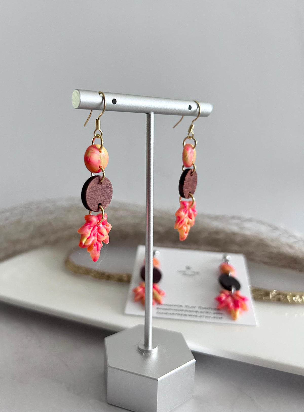 Fall Leaf Clay Earrings, Wood Bead Maple Dangles, Bright Neon Boho Hypoallergenic Lightweight Jewelry