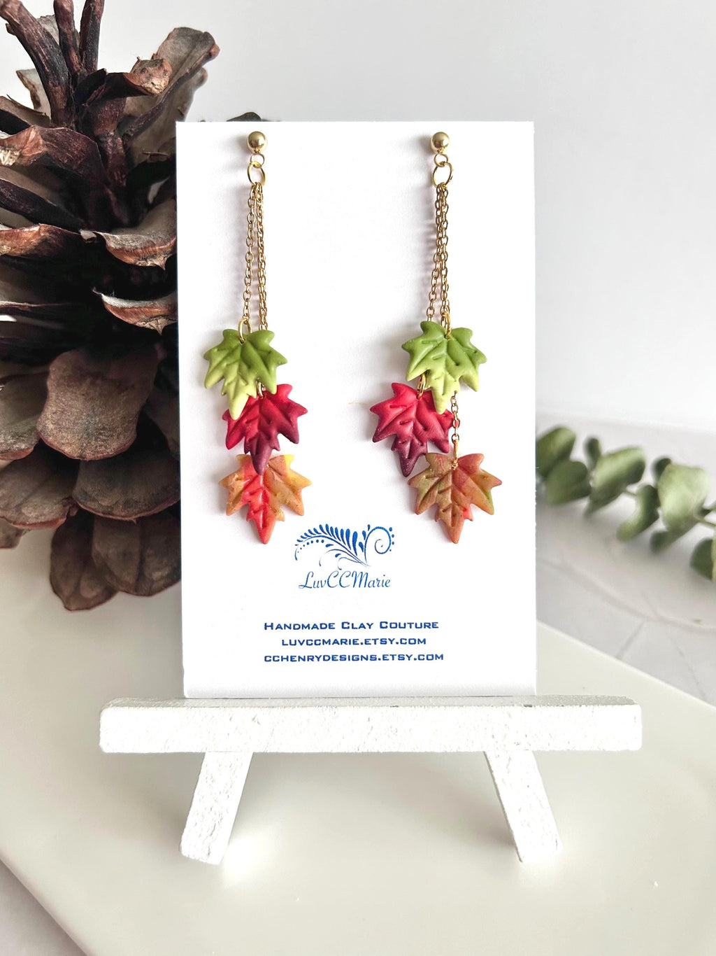 Leaf Earrings, Fall Jewelry, Polymer Clay Ombre Maple Leaves Chain Dangles