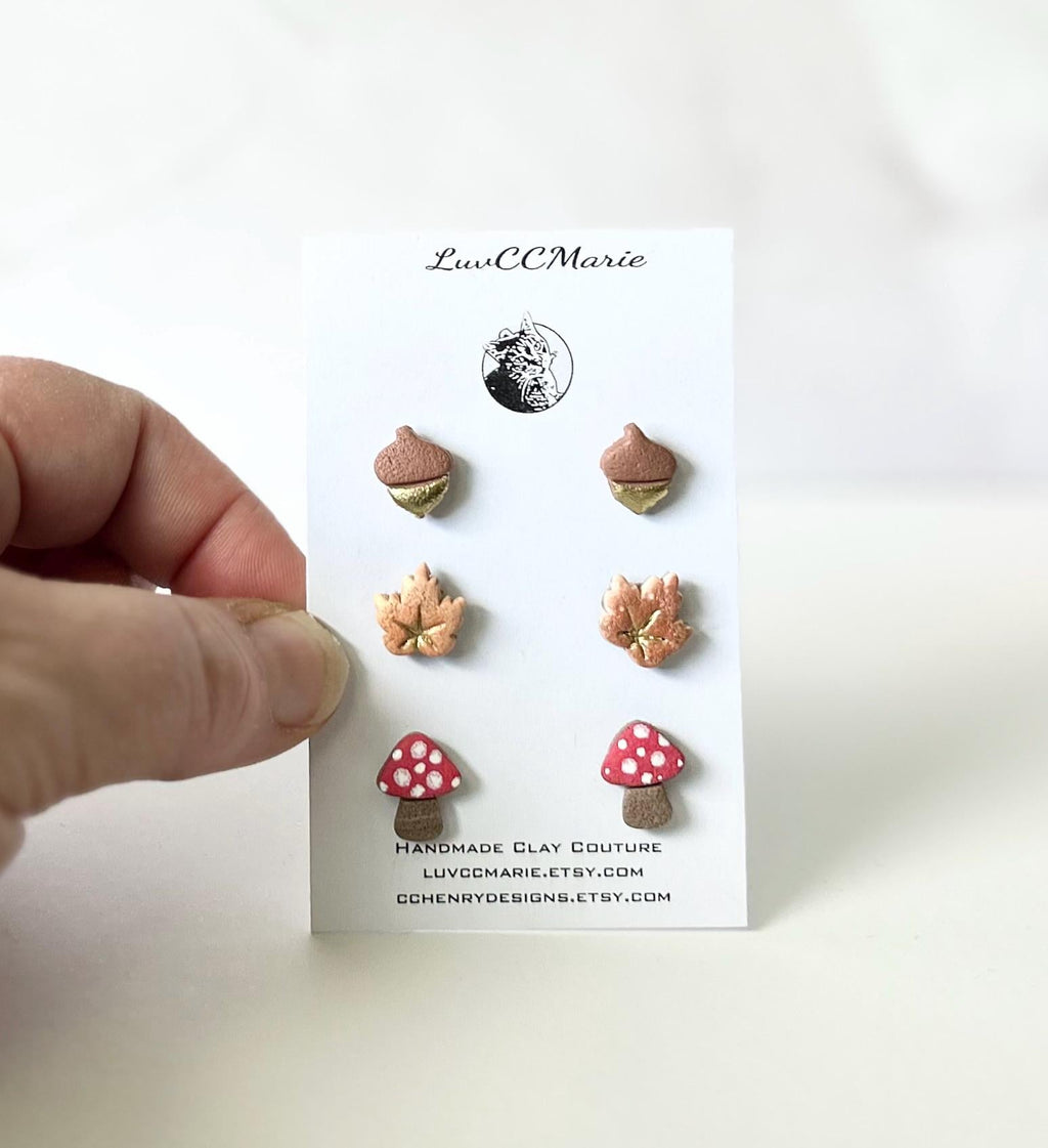Clay Stud Earrings Set, Acorn, Fox, Maple Leaf, Mushroom, Toadstool, Handmade Fashion Fall Jewelry