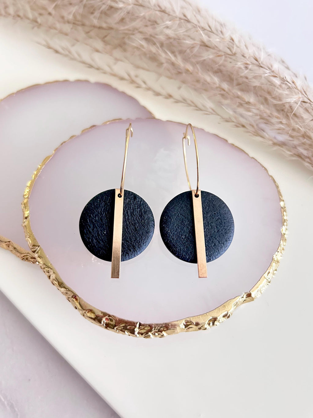Handmade Gold Bar Hoop Clay Earrings, Neutral Black 18K Plated Dangles, Lightweight Hypoallergenic