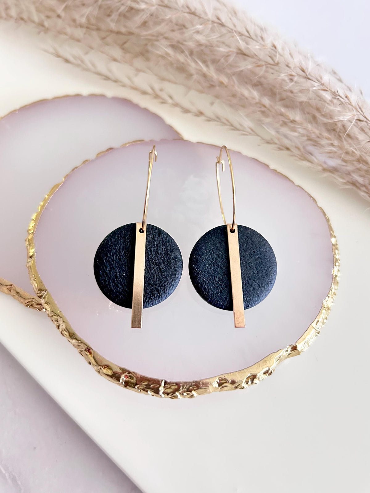 Handmade Gold Bar Hoop Clay Earrings, Neutral Black 18K Plated Dangles, Lightweight Hypoallergenic