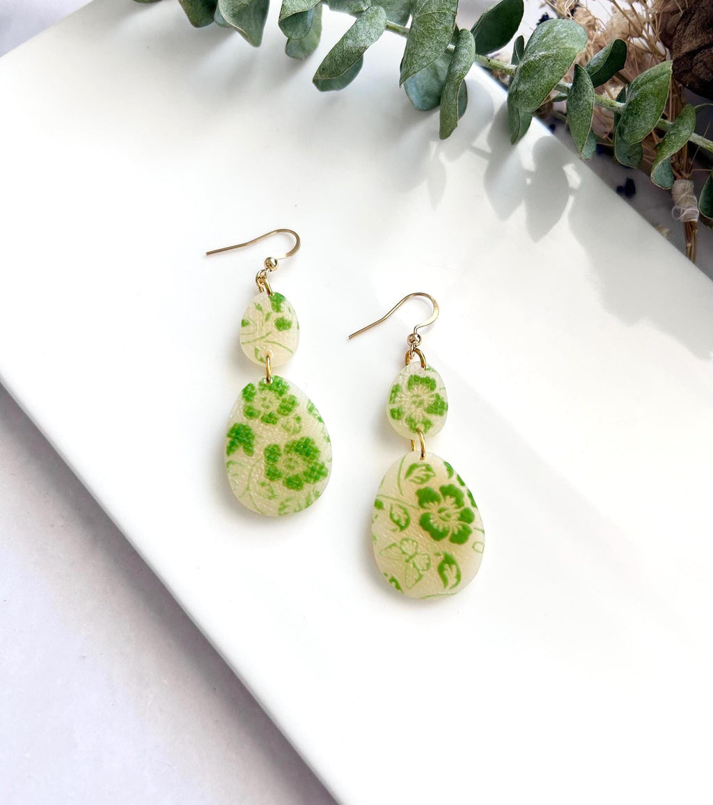 Bright Green and Sheer Cream Floral Clay Dangle Earrings, Handmade Jewelry