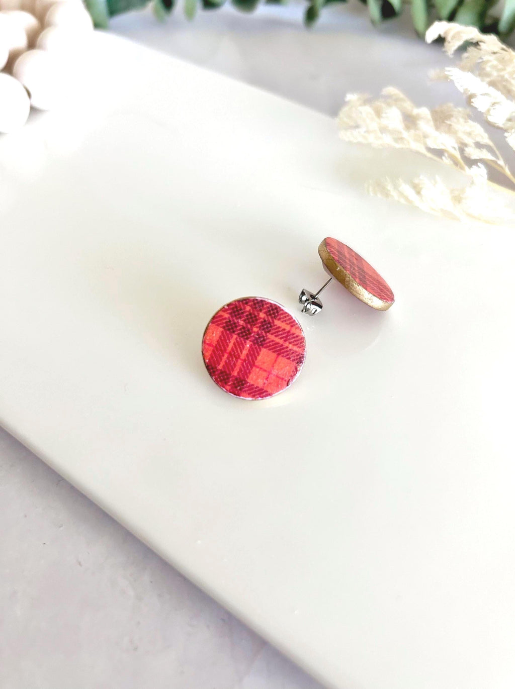Dark Burgundy Red and Orange Plaid Stud Earrings, Clay Studs, Gingham Jewelry, Hypoallergenic Steel