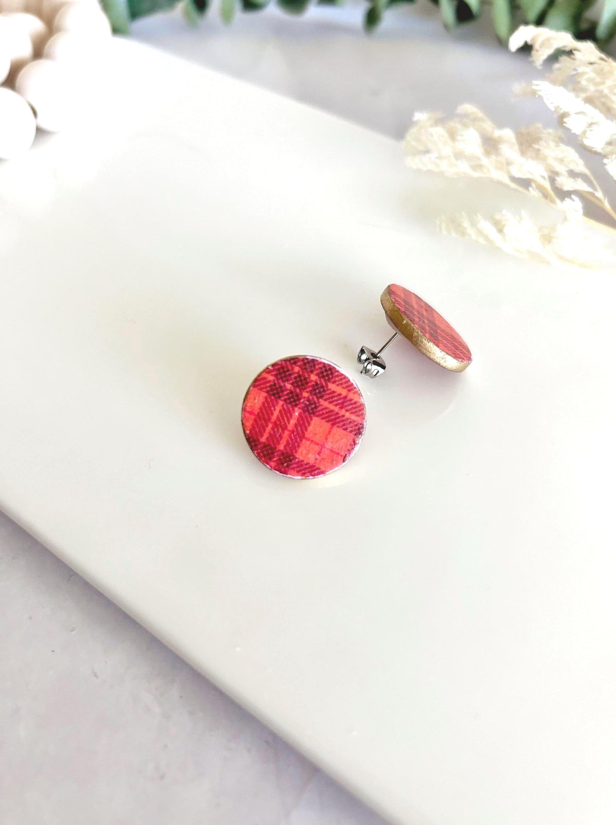 Dark Burgundy Red and Orange Plaid Stud Earrings, Clay Studs, Gingham Jewelry, Hypoallergenic Steel
