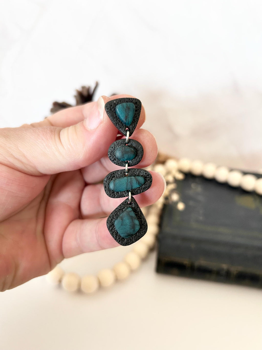 Black Teal Clay Earrings: Handmade Boho Stud Dangles Geometric Long