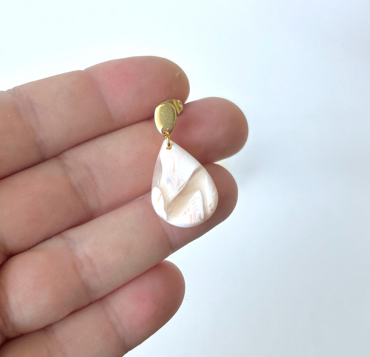 Peach and White Marbled Clay Drop Earrings, Teardrop Spring or Summer Dangles, Handmade Jewelry