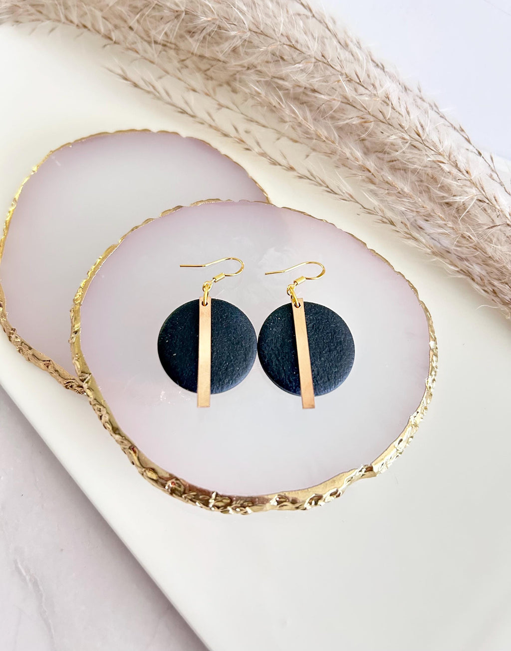 Handmade Gold Bar Hoop Clay Earrings, Neutral Black 18K Plated Dangles, Lightweight Hypoallergenic