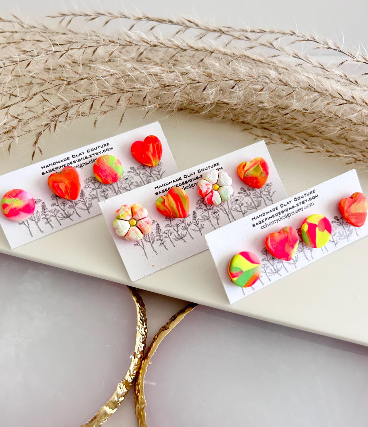 Neon Flower Stud Earrings, Daisy Heart Circle Fluorescent Clay Floral Post Jewelry