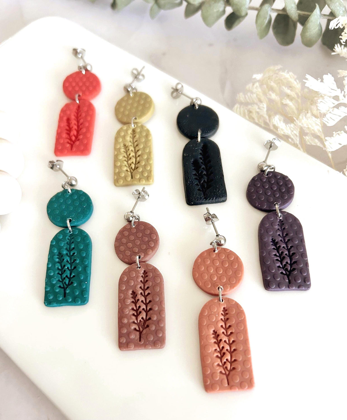 Polka Dot Botanical Clay Dangle Earrings, Handmade Art Jewelry Gift