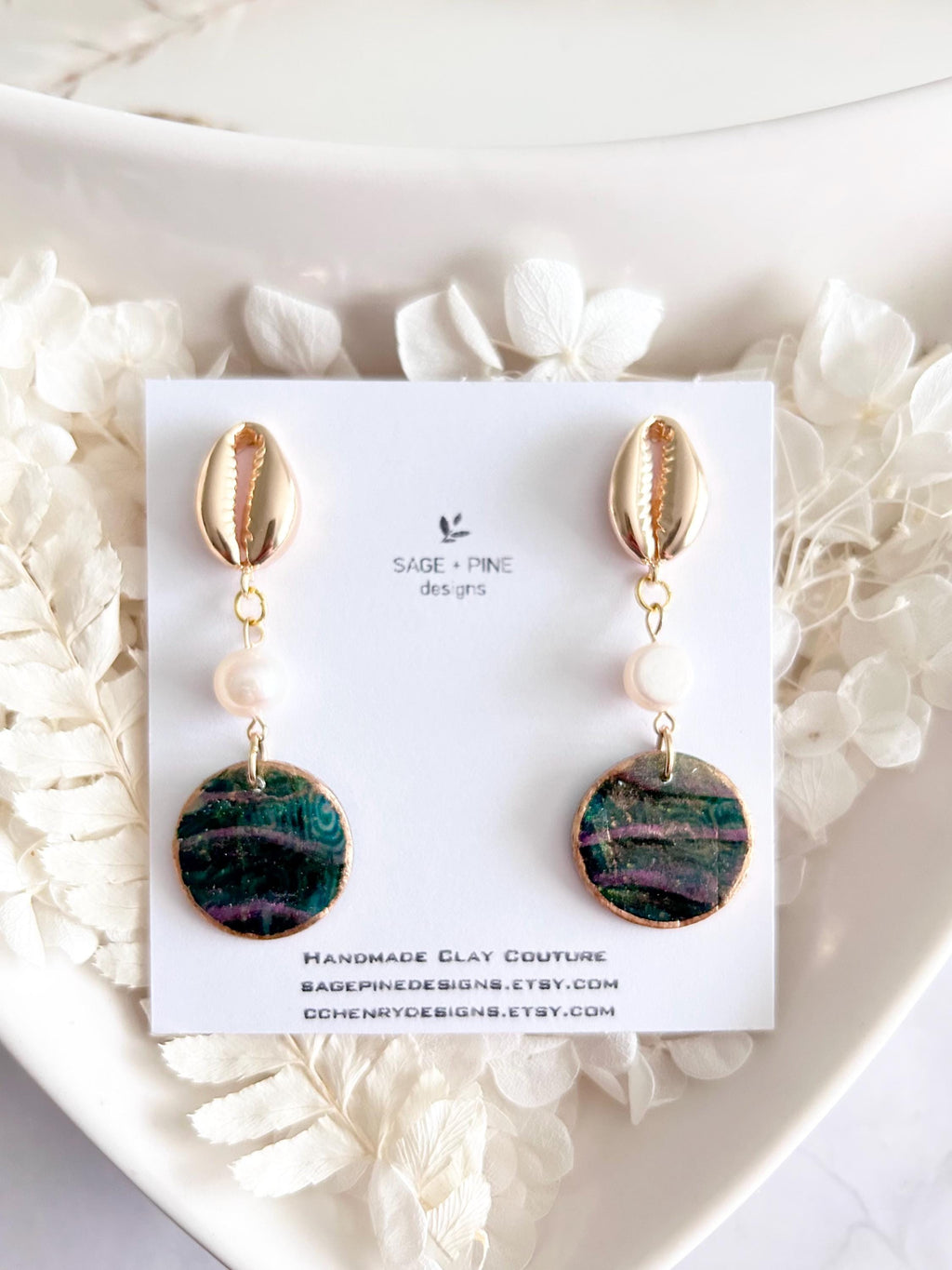 Seashell Cowrie Pearl Earrings, Coastal Vacation Faux Abalone Drop Dangles, Handmade Clay Jewelry