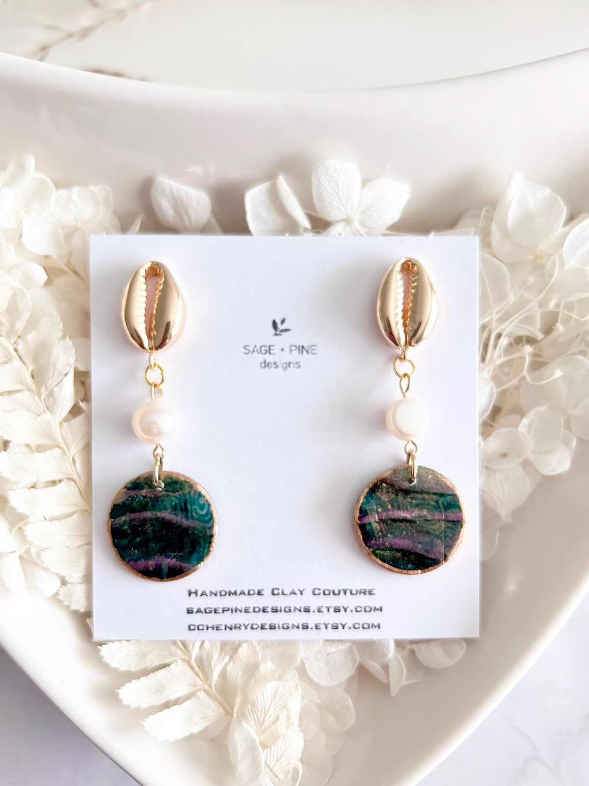 Seashell Cowrie Pearl Earrings, Coastal Vacation Faux Abalone Drop Dangles, Handmade Clay Jewelry