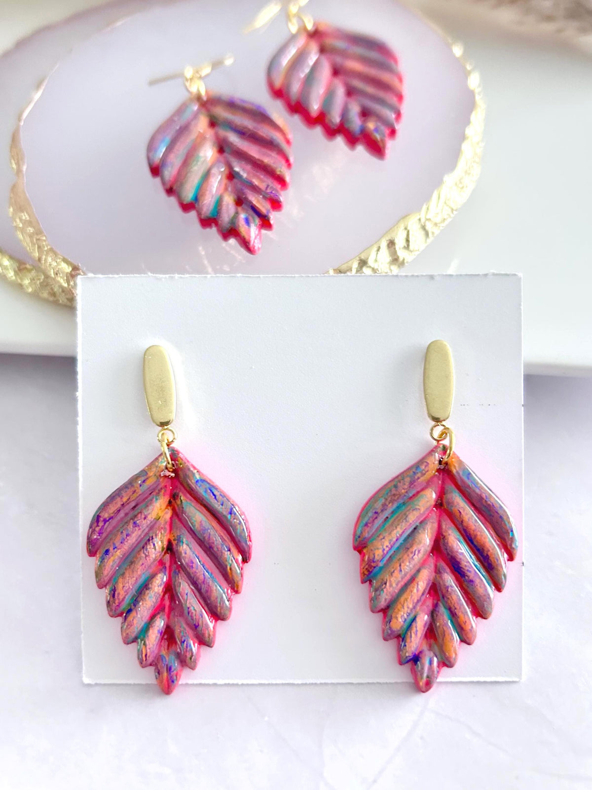 Hand Painted Leaf Earrings, 24k Gold Multicolor Earrings, Colorful Ceramic Clay Dangles, Hypoallergenic Clay Lightweight Jewelry