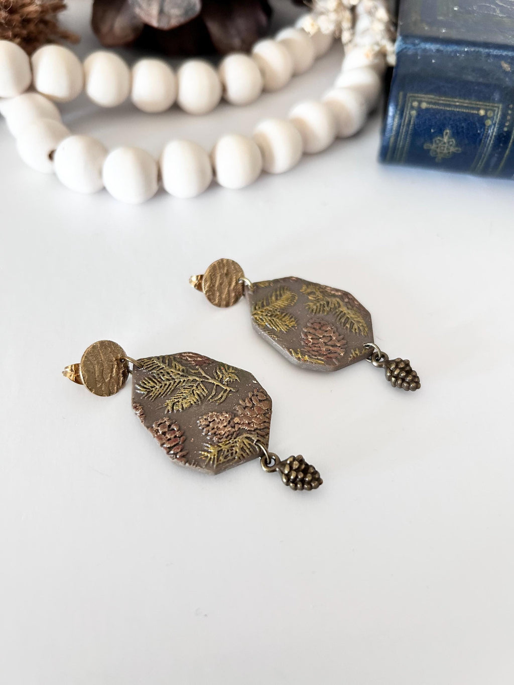 Handmade Pinecone Dangle Earrings: Clay & Bronze Boho Jewelry