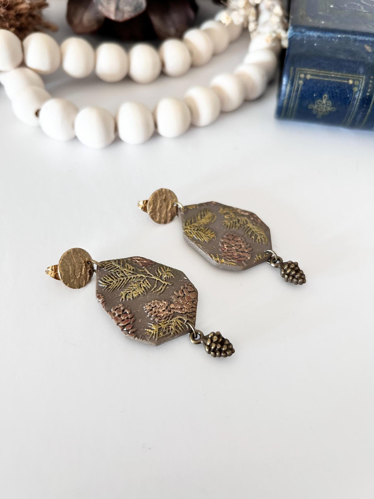 Handmade Pinecone Dangle Earrings: Clay & Bronze Boho Jewelry