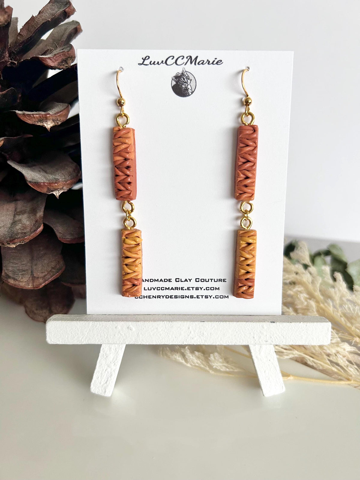 Mustard Yellow Dangle Earrings, Knit Ombre Burnt Orange Clay Dangles, Handmade Jewelry for Mom