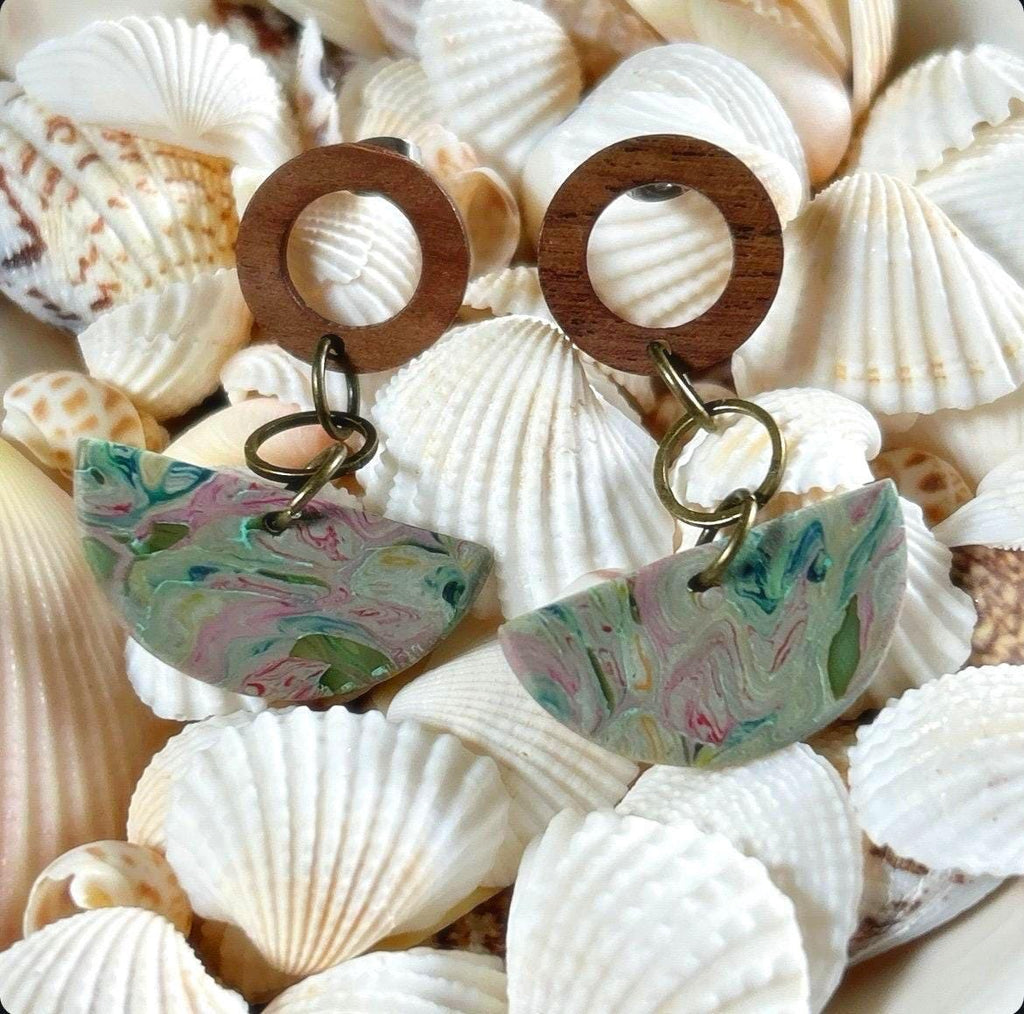 Olive Green Boho Earrings, Clay and Wood Marbled Dangles, Handmade Jewelry Gift For Her