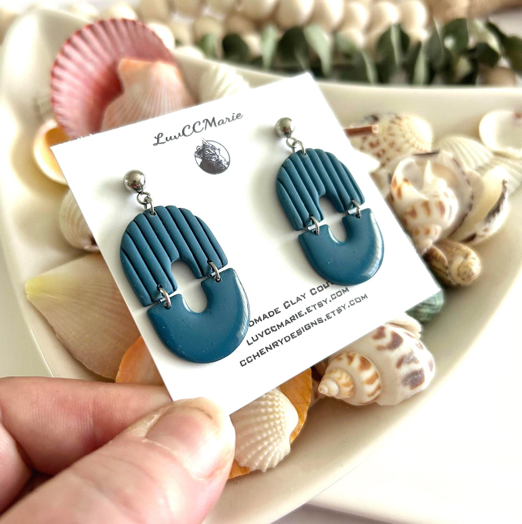 Teal Blue Modern Geometric Stripe Minimal Dangle Earrings, Clay Arch Drop Dangles, Handmade Jewelry
