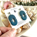 Teal Blue Modern Geometric Stripe Minimal Dangle Earrings, Clay Arch Drop Dangles, Handmade Jewelry