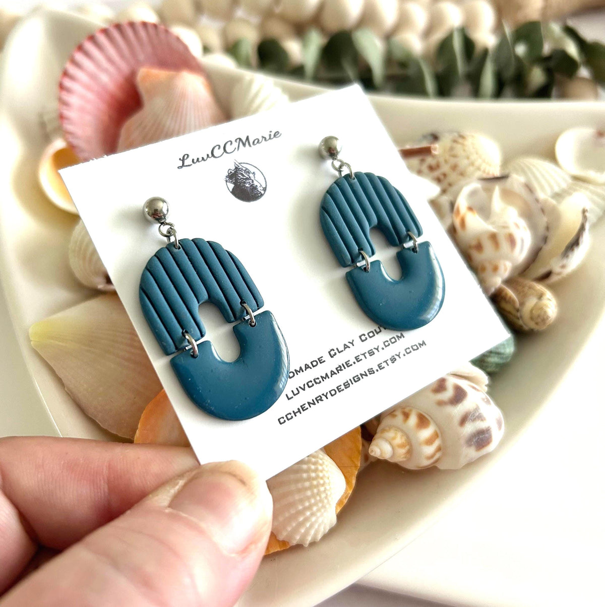 Teal Blue Modern Geometric Stripe Minimal Dangle Earrings, Clay Arch Drop Dangles, Handmade Jewelry