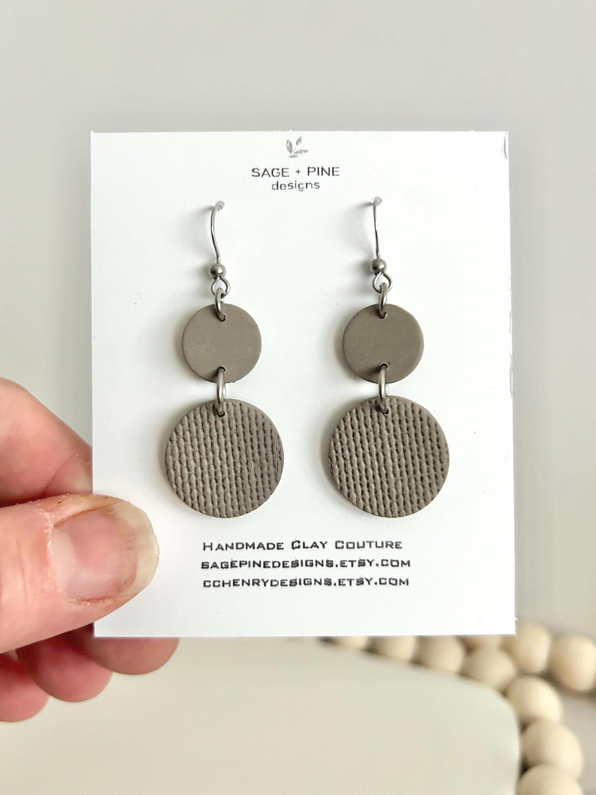 Khaki Clay Dangle Earrings, Neutral Casual Drop Dangles, Handmade Jewelry