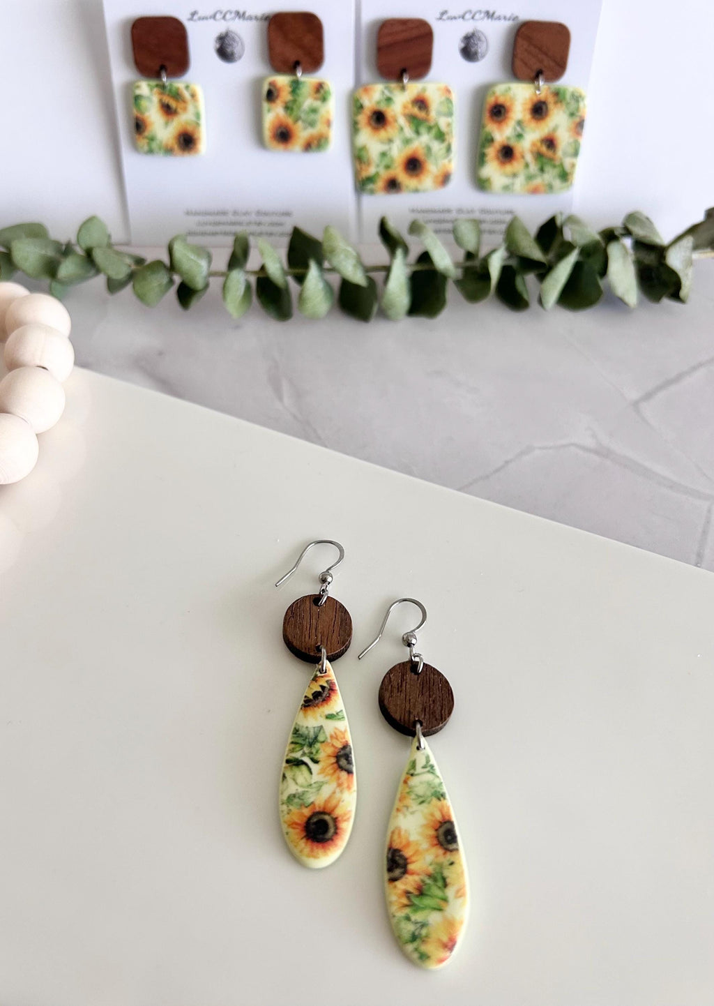 Boho Floral Earrings, Pale Yellow Wood Clay Dangles, Boho Sunflower Jewelry, Handmade Sunflower Themed Gift
