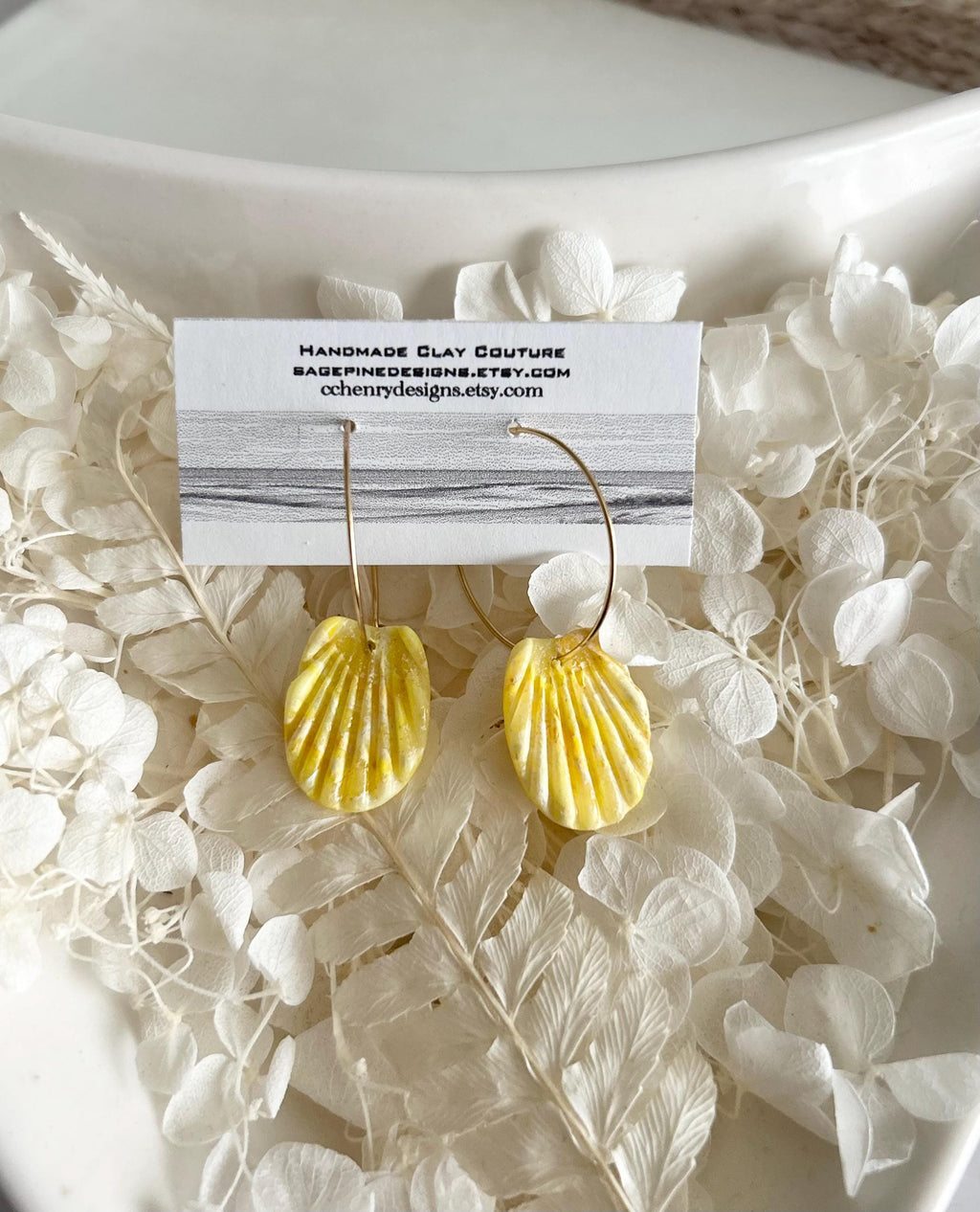 Handmade Clay Butter Yellow Shell Earrings, Seashell Hoop Dangles, Coastal Vacation Beach Jewelry