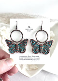 Copper Patina Rustic Moth Clay Earrings, Blue Green Insect Dangles, Lightweight Hypoallergenic