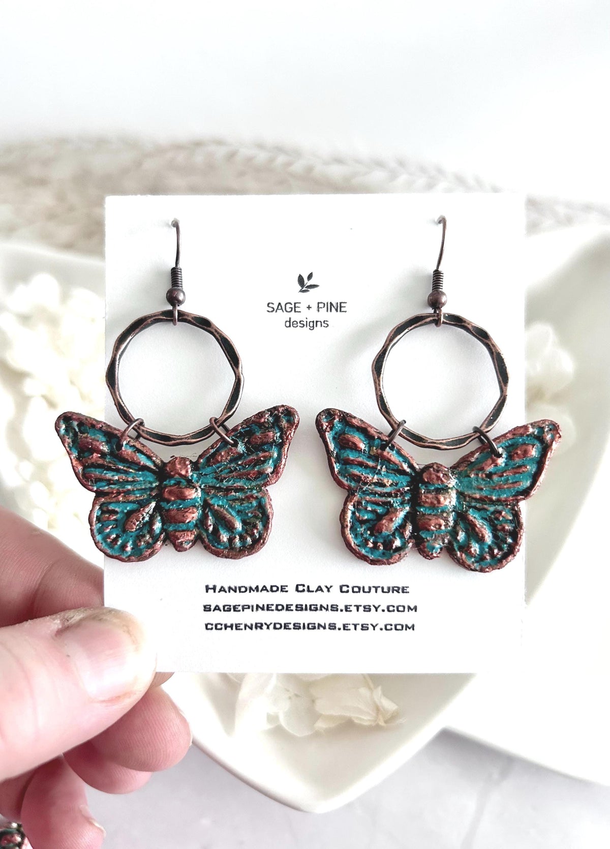Copper Patina Rustic Moth Clay Earrings, Blue Green Insect Dangles, Lightweight Hypoallergenic