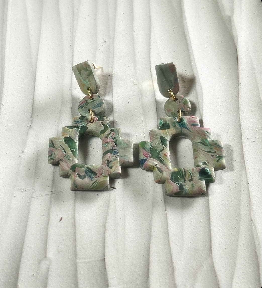 Handmade Clay Olive Pink Marbled Statement Aztec Style Post Drop Dangle Earrings