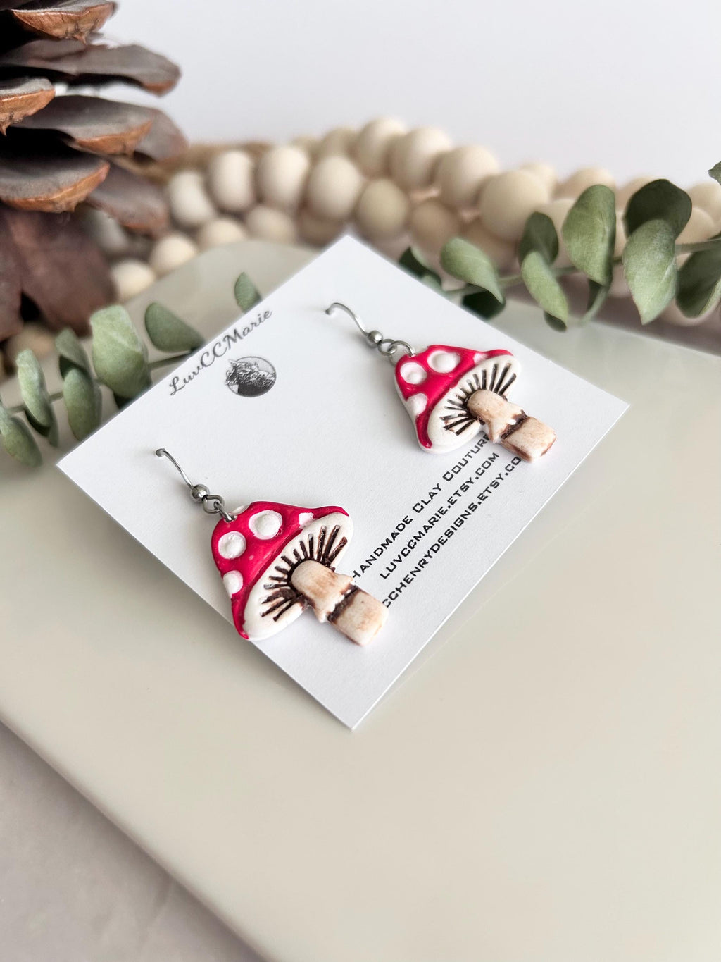 Mushroom Earrings, Polymer Clay Toadstool Polka Dot Whimsical Hand Painted Handmade Jewelry