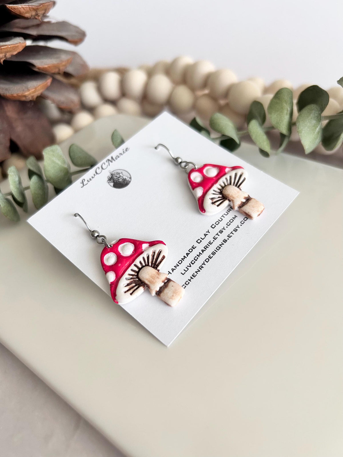 Mushroom Earrings, Polymer Clay Toadstool Polka Dot Whimsical Hand Painted Handmade Jewelry
