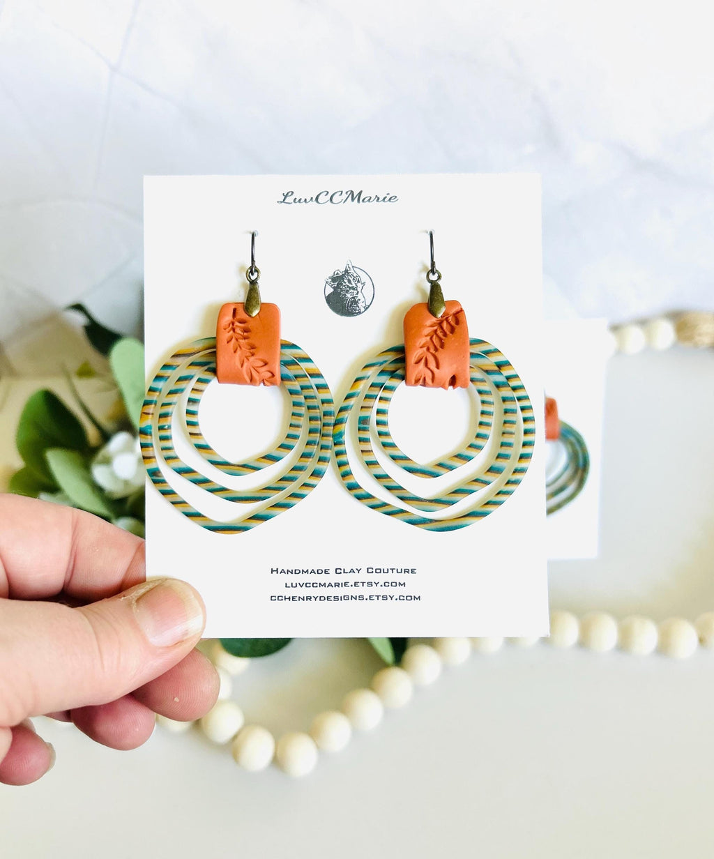 Striped Clay Hoop Dangles, Boho Statement Clay Earrings