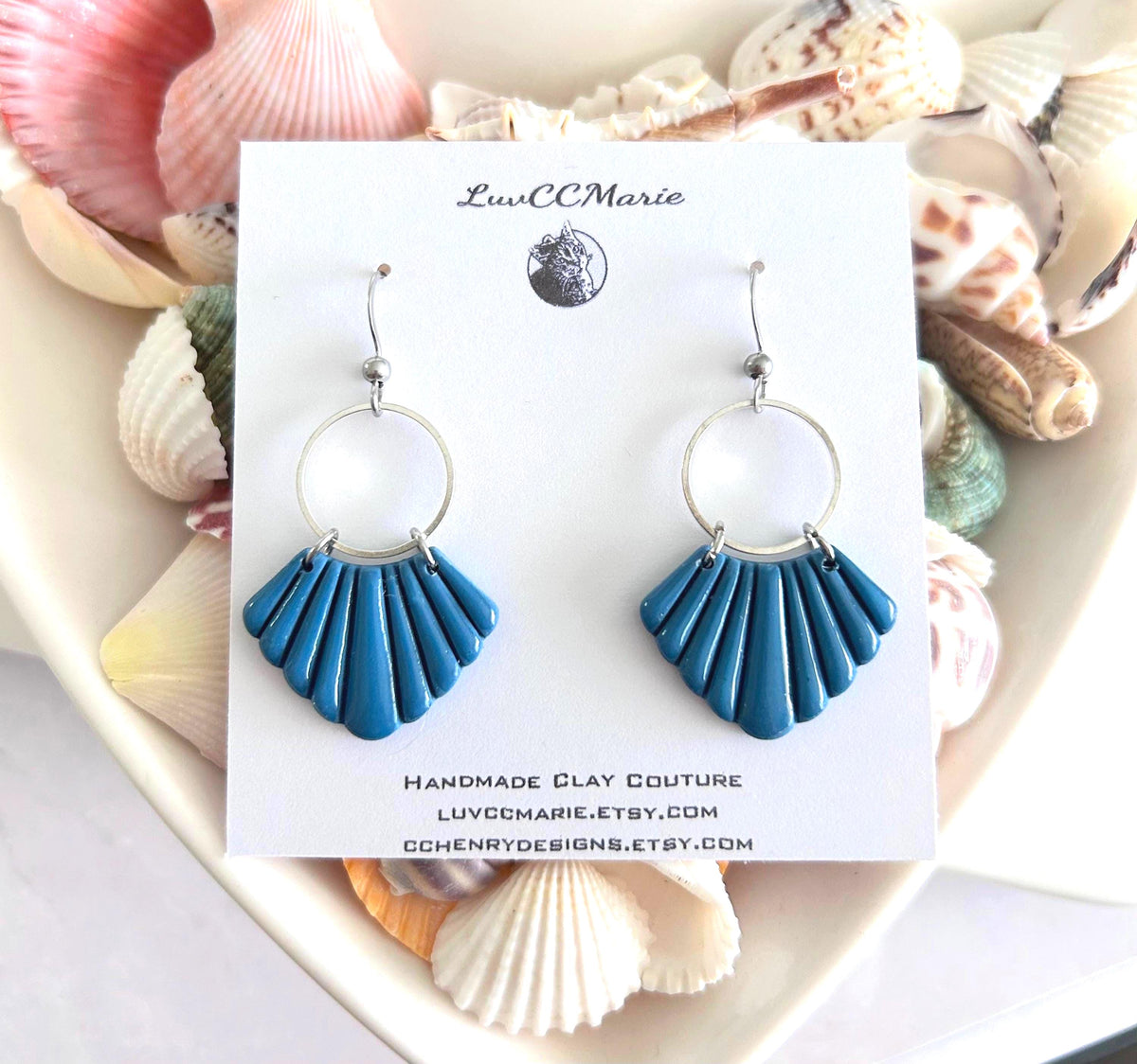 Teal Blue and Silver Dangle Earrings, Handmade Clay Hoop Dangles, Coastal Vacation Jewelry Gift