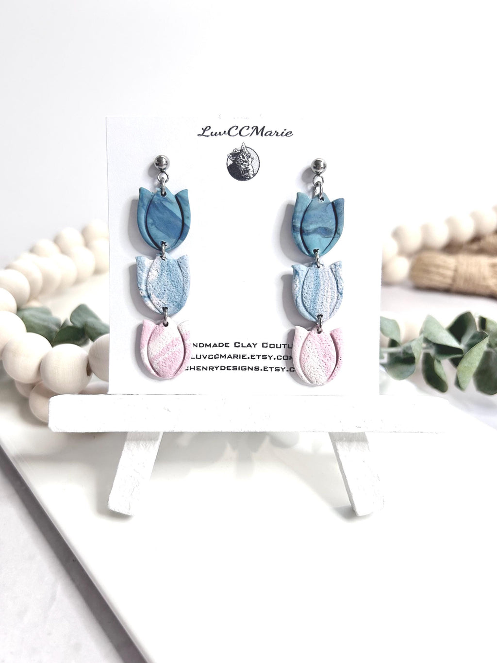 Tulip Earrings, Long Dangle Ombre Clay Handmade Jewelry Gift for Her