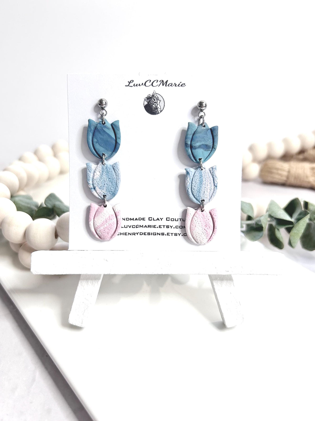 Tulip Earrings, Long Dangle Ombre Clay Handmade Jewelry Gift for Her