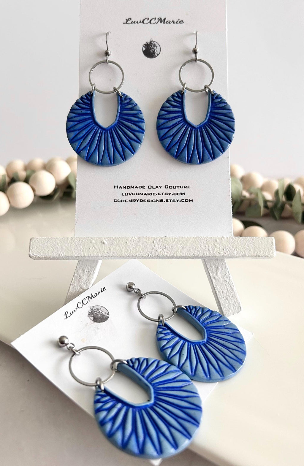 Denim Blue Boho Earrings, Navy and Silver Hoop Dangles, Handmade Clay Jewelry Gift