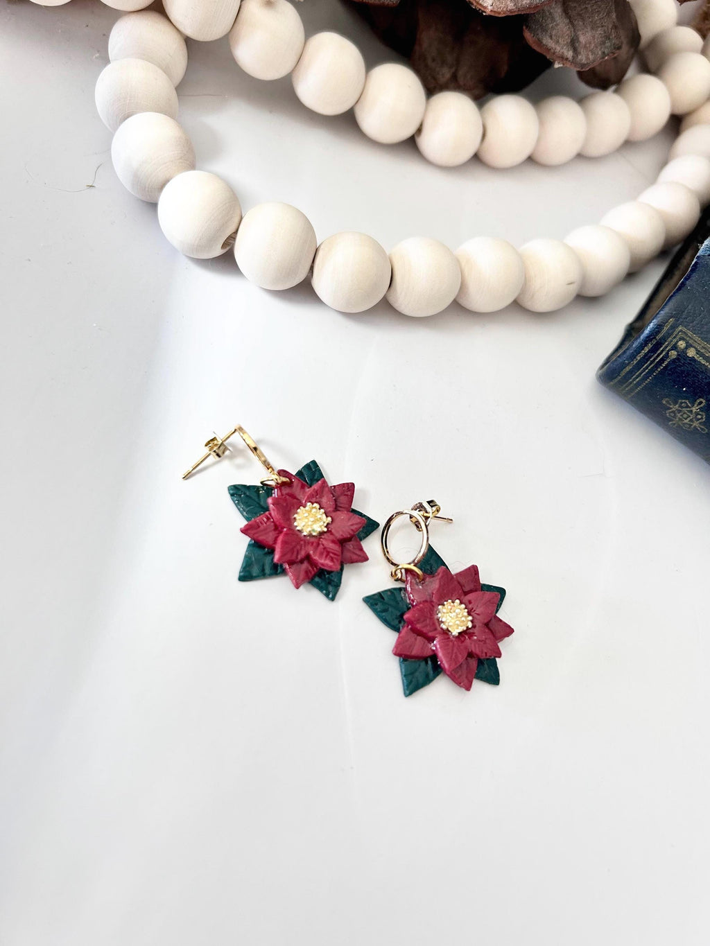 Burgundy Poinsettia Flower Earring, Christmas Dangles, Holiday Jewelry, Stocking Stuffers