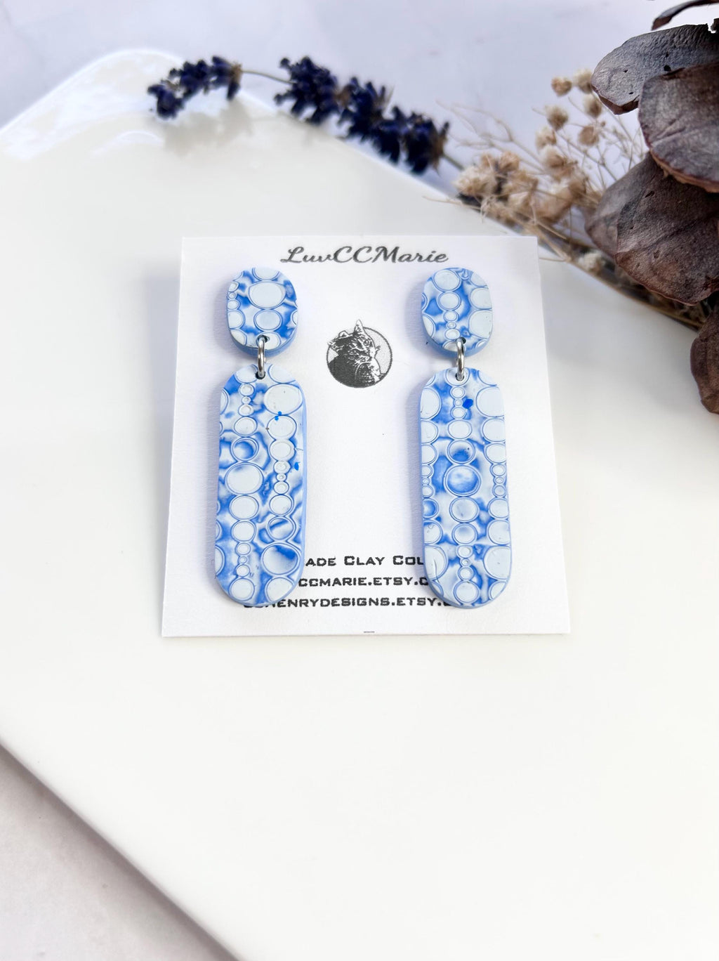 Cobalt Blue Bar Earrings: Mokume Clay Boho Dangles