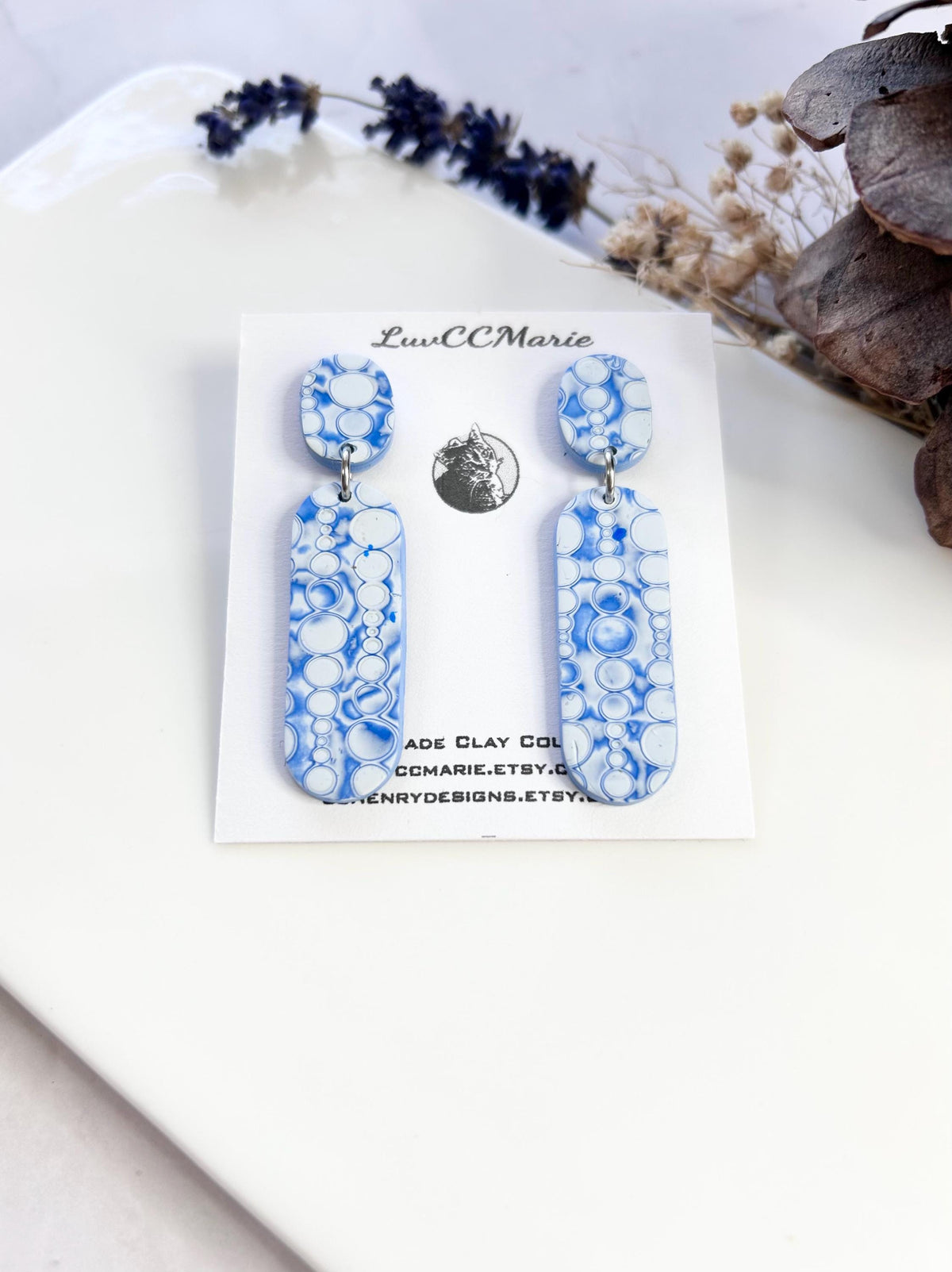 Cobalt Blue Bar Earrings: Mokume Clay Boho Dangles