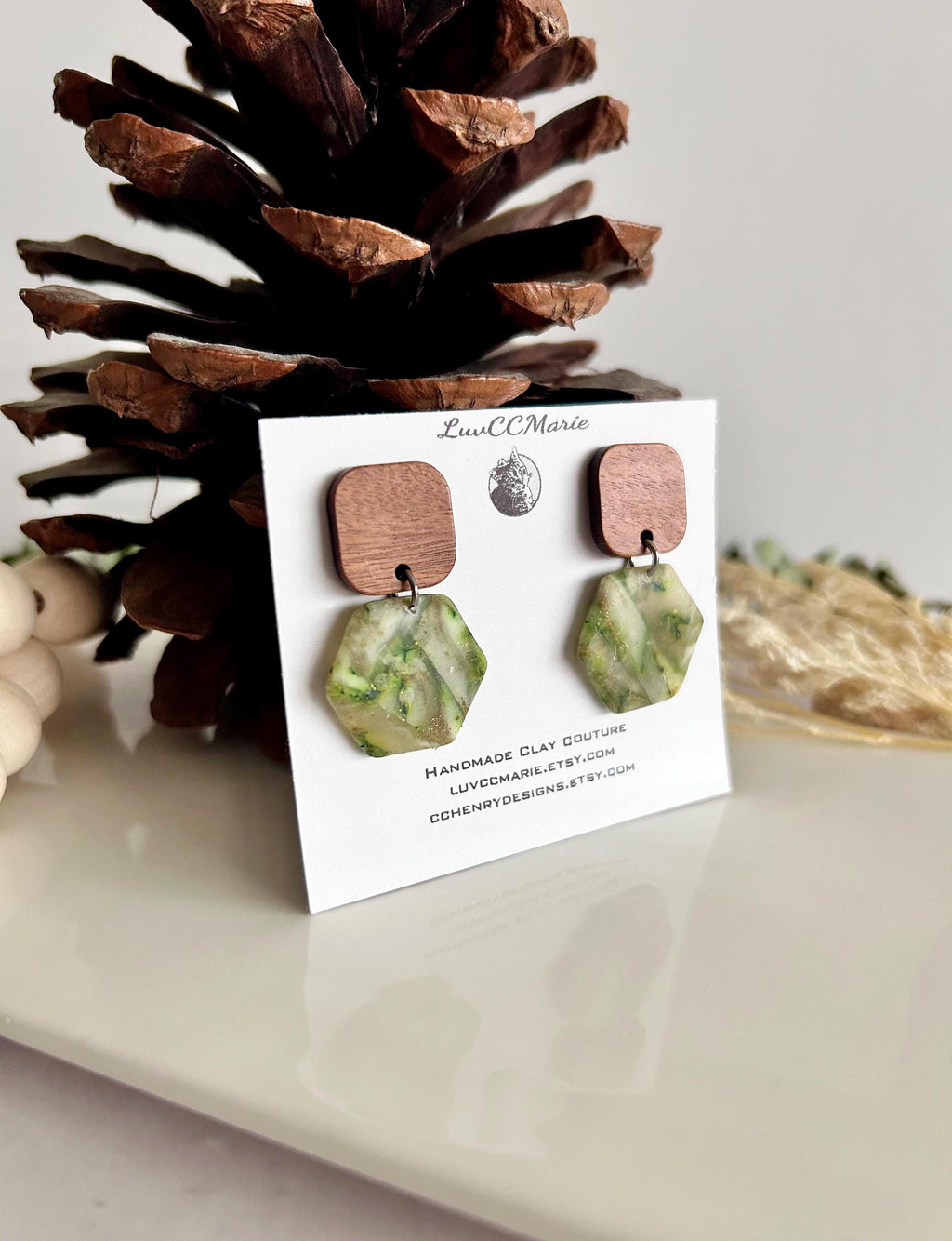 Moss Green Drop Earrings, Olive Army Clay and Wood Lightweight Dangles, Handmade Jewelry Gift