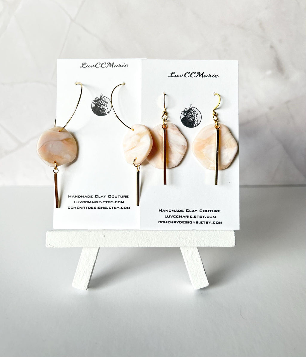 Peach and White Hoop Charm Dangle Earrings, Handmade Clay Jewelry Gift