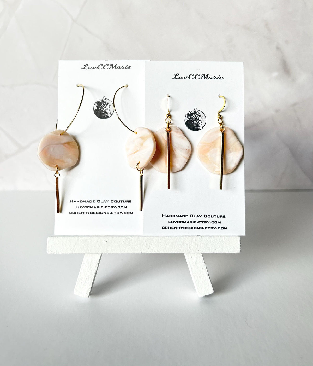 Peach and White Hoop Charm Dangle Earrings, Handmade Clay Jewelry Gift