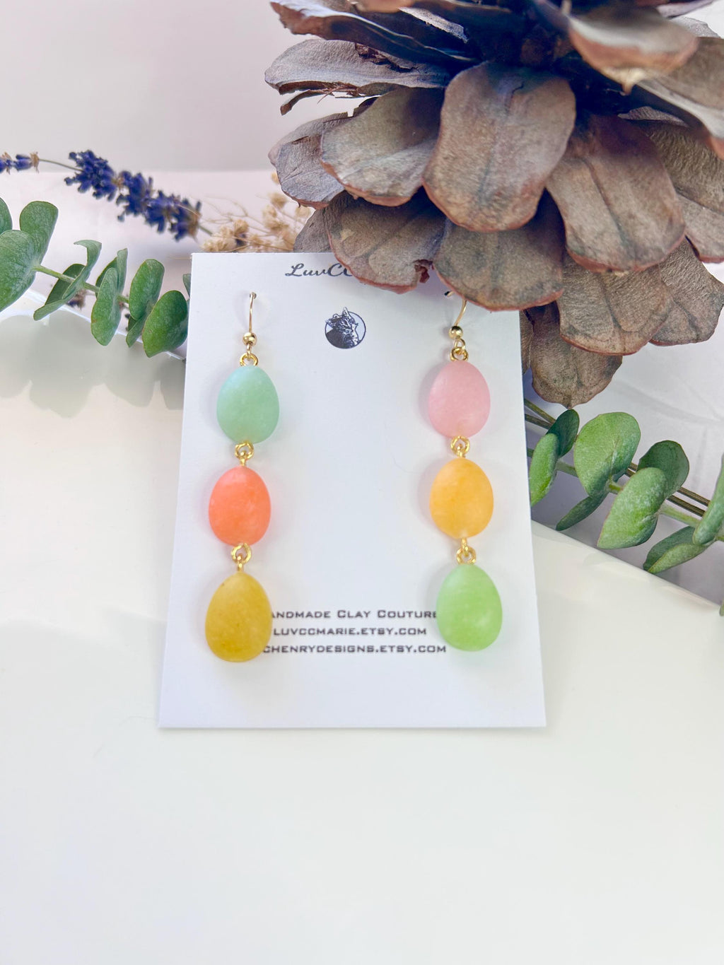 Handmade Long Pastel Egg Clay Earrings, Jelly Bean Dangles, Speckled Easter Statement Jewelry